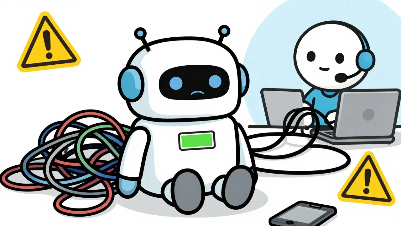 Cute Android robot looking tired next to tangled cables, symbolizing device management struggles.