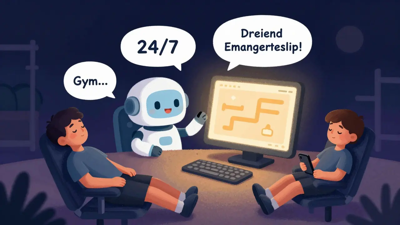 Cute robot AI assistant handling calls at night while the gym owner sleeps peacefully.