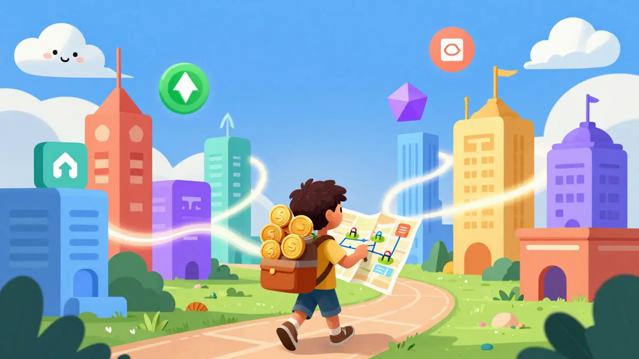 Explorer walking through a connected blockchain city with native coins