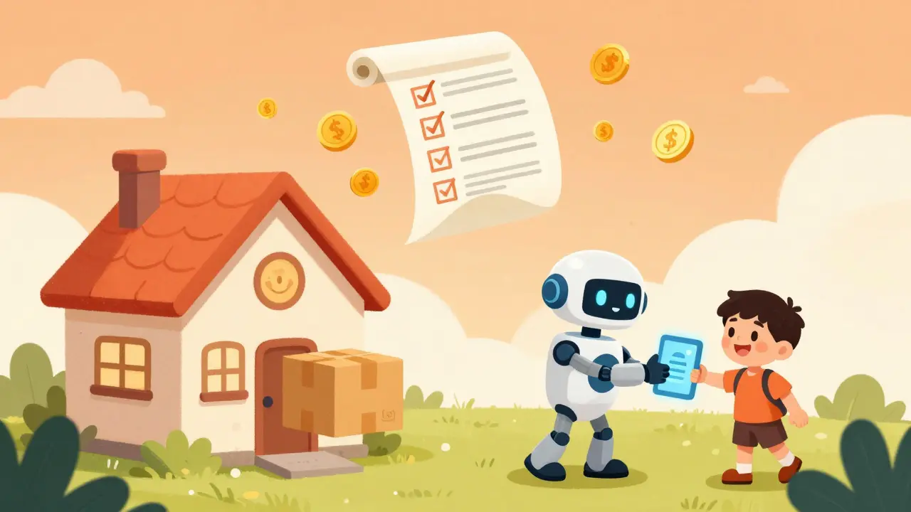 Friendly robot delivering goods with a magical smart contract automating payment and verification.