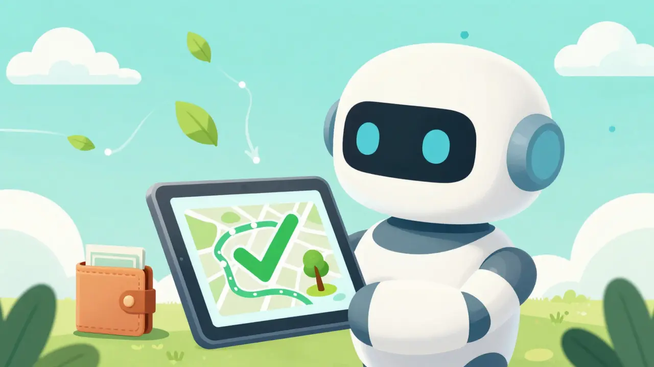 Friendly robot showing real-time donation tracking on a tablet with green checkmarks