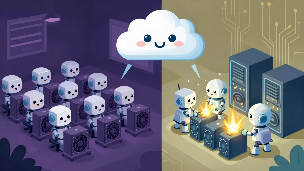 Friendly robots switching between mining Bitcoin and processing AI data