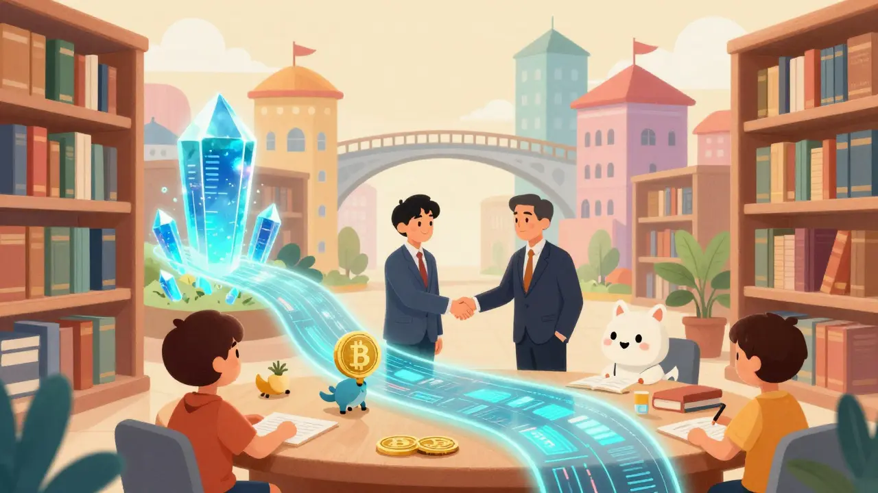 Futuristic library scene showing traditional finance meeting crypto via data