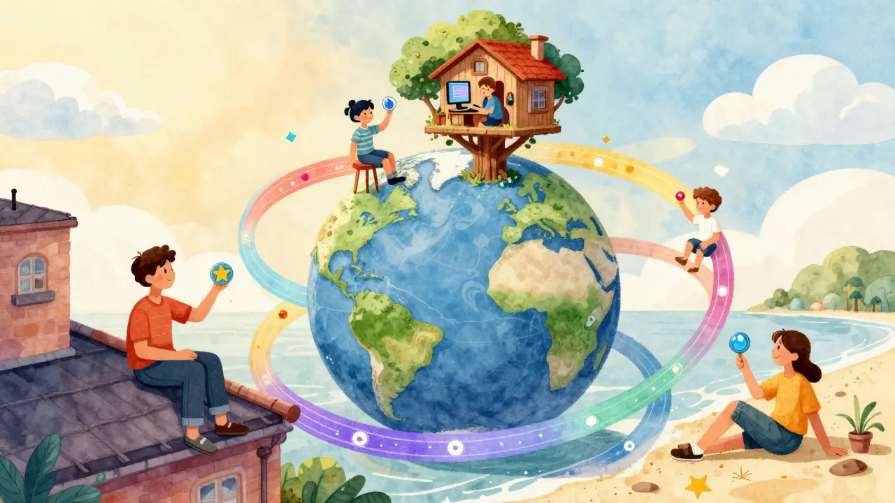 Global remote workers in different countries connected by colorful ribbons, holding star-shaped voting tokens.