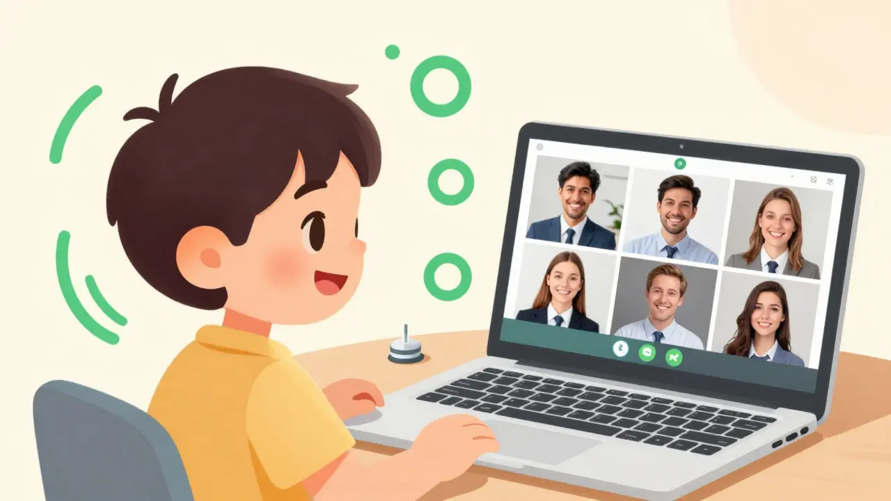 Happy character on clear video call with strong Wi-Fi signal rings