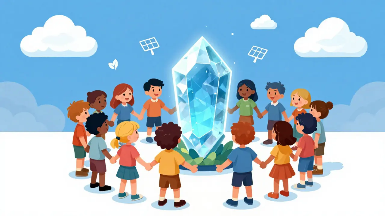 Happy characters surrounding a glowing crystal in a sunny sky