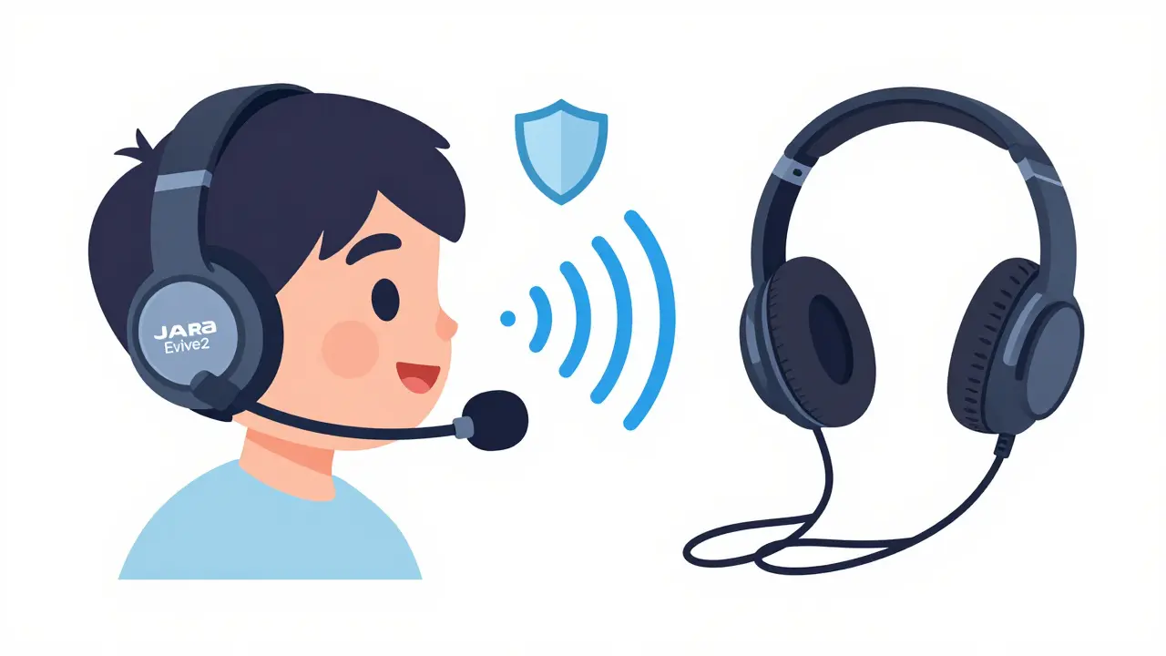 Happy user with comfortable headset blocking out background noise