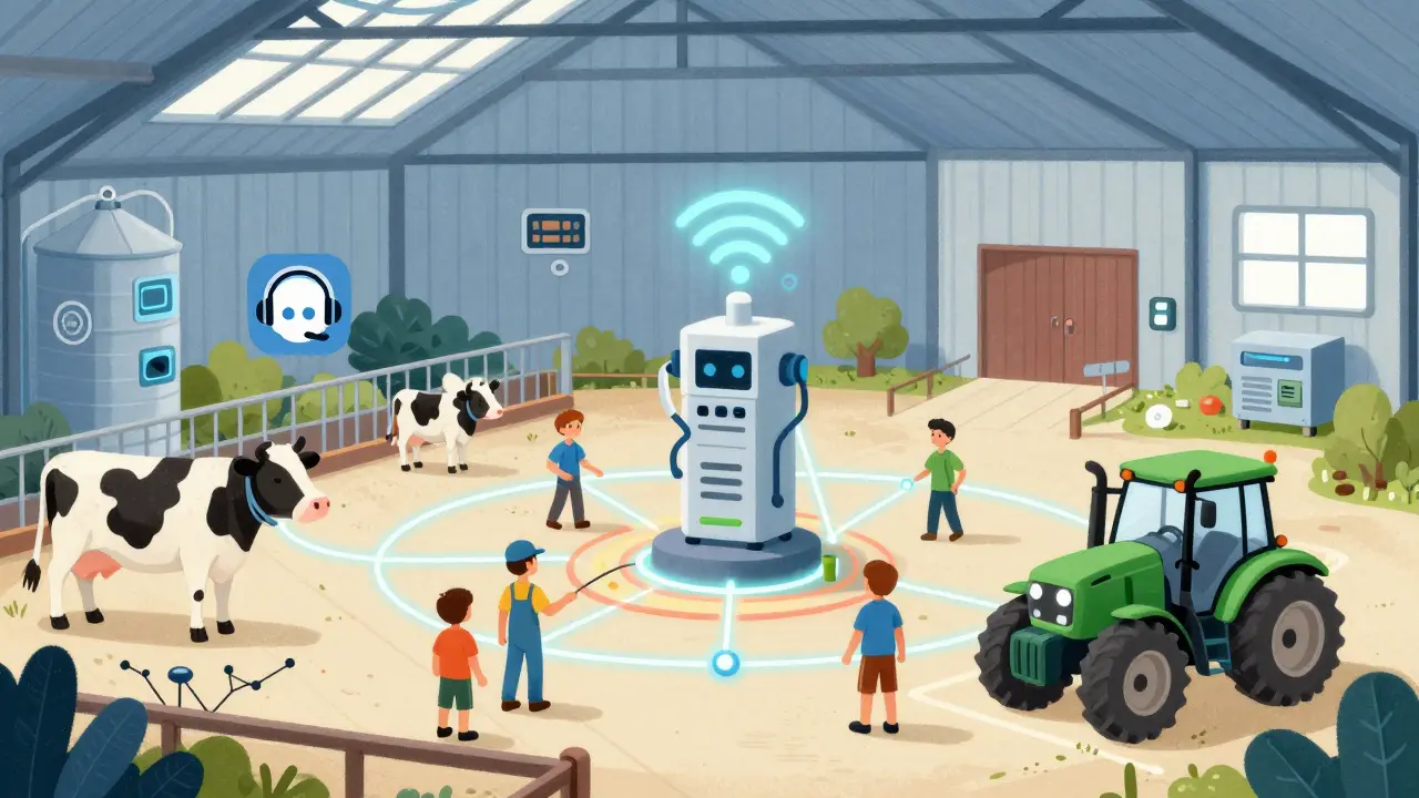 High-tech barn with networked animals and equipment