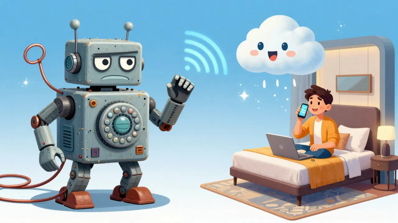 Illustration contrasting an old tangled phone system with a modern cloud-based communication setup.