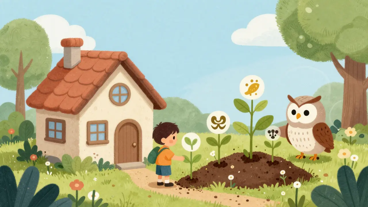 Illustration of a cozy house next to a creative garden, symbolizing hybrid legal structures and DAO innovation.