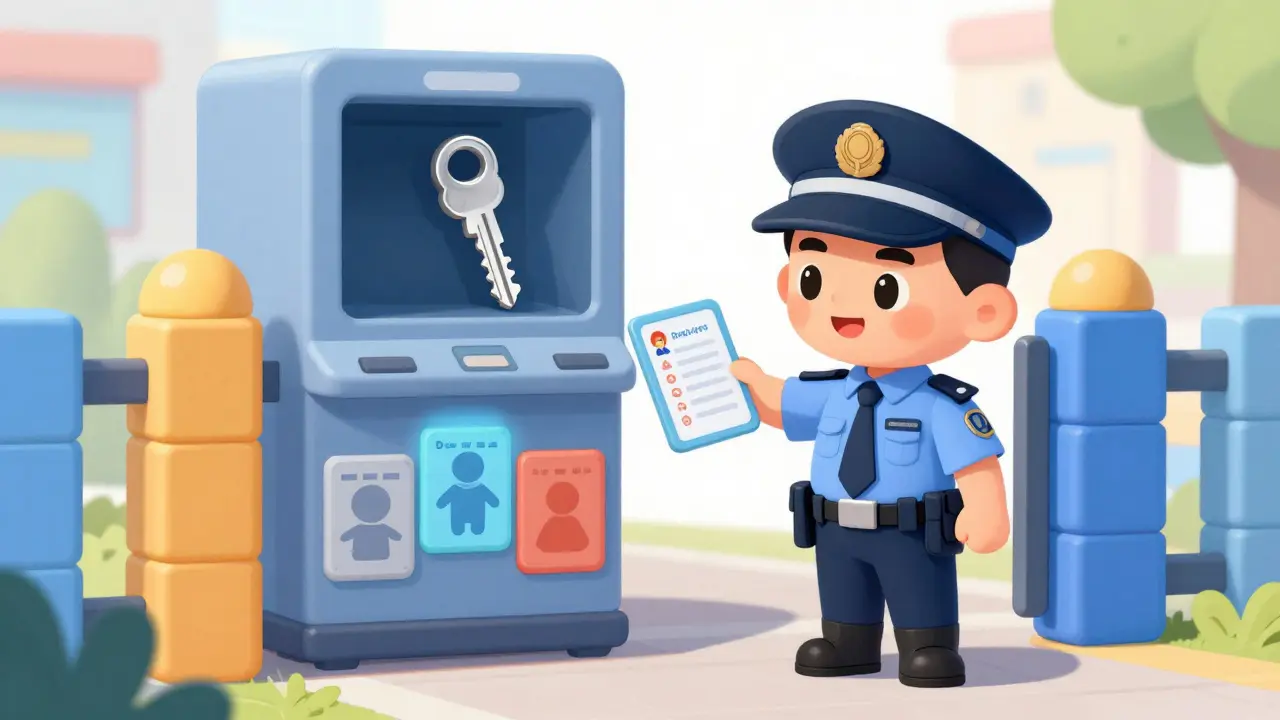 Illustration of a guard checking IDs at a gate, symbolizing access control policies.