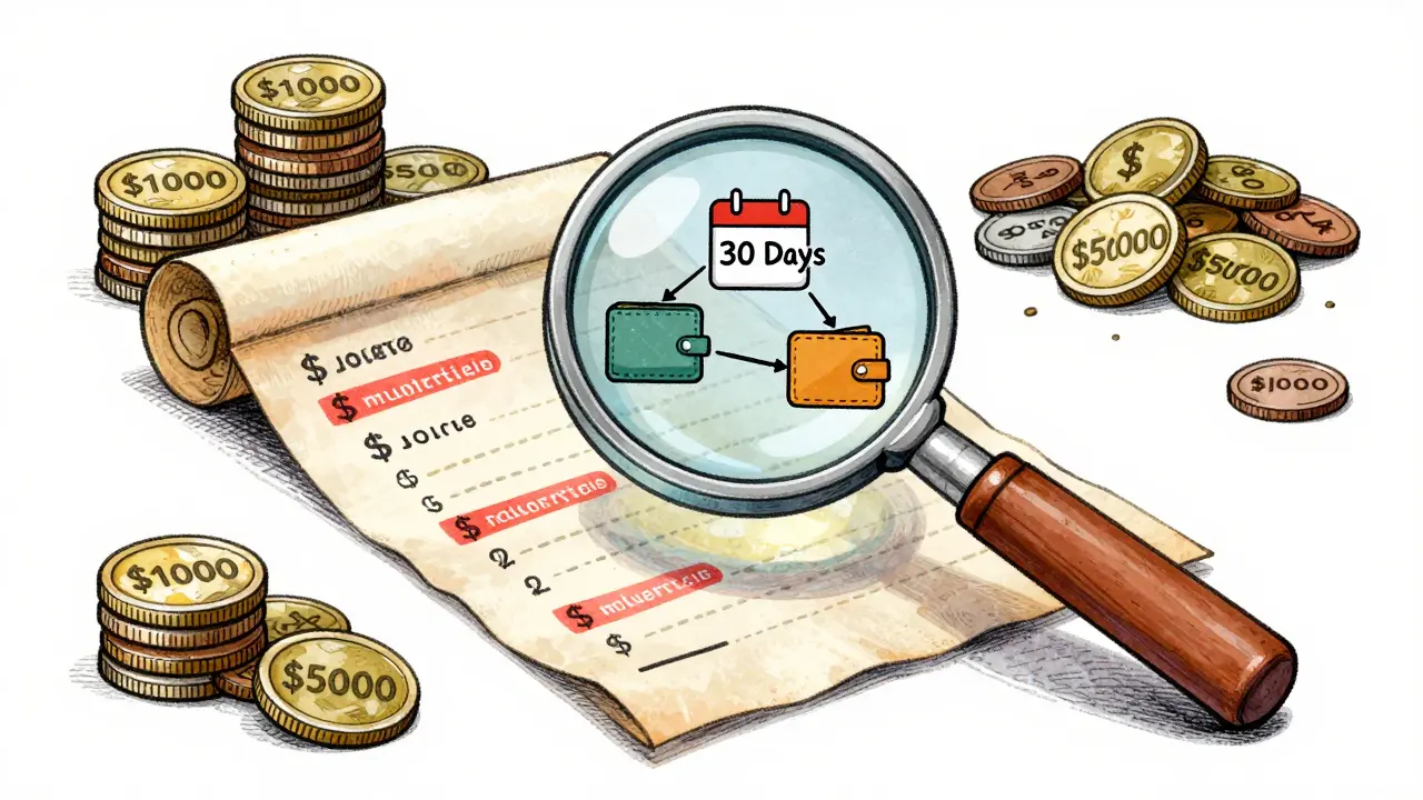 Illustration of a magnifying glass highlighting a 30-day repurchase rule on a ledger.