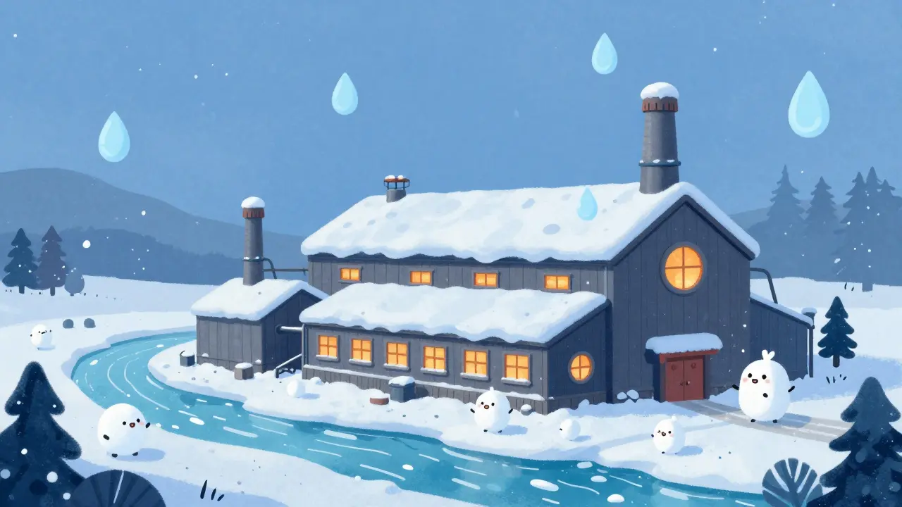 Illustration of a mining facility using snow for cooling and rivers for power