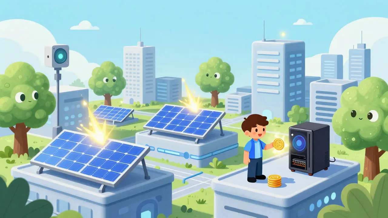 Illustration of a sustainable city with solar roofs and smart sensors powering a digital economy