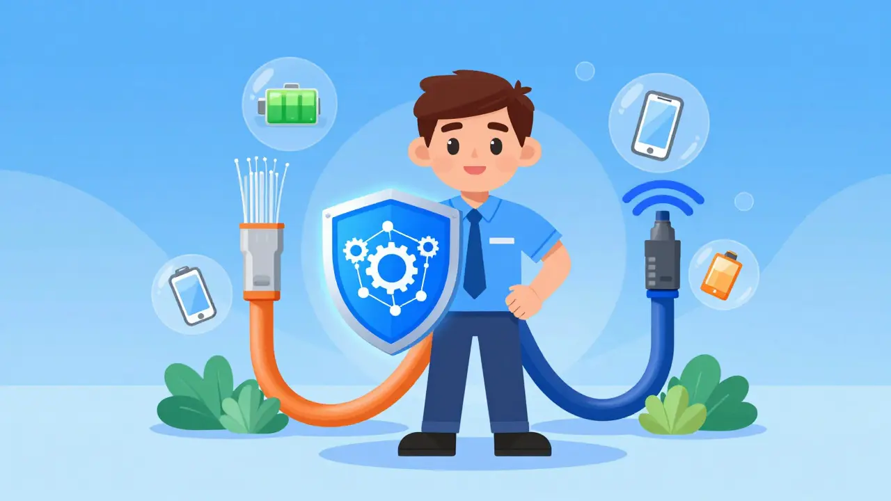 Illustration of an IT hero protecting network connections with a gear shield