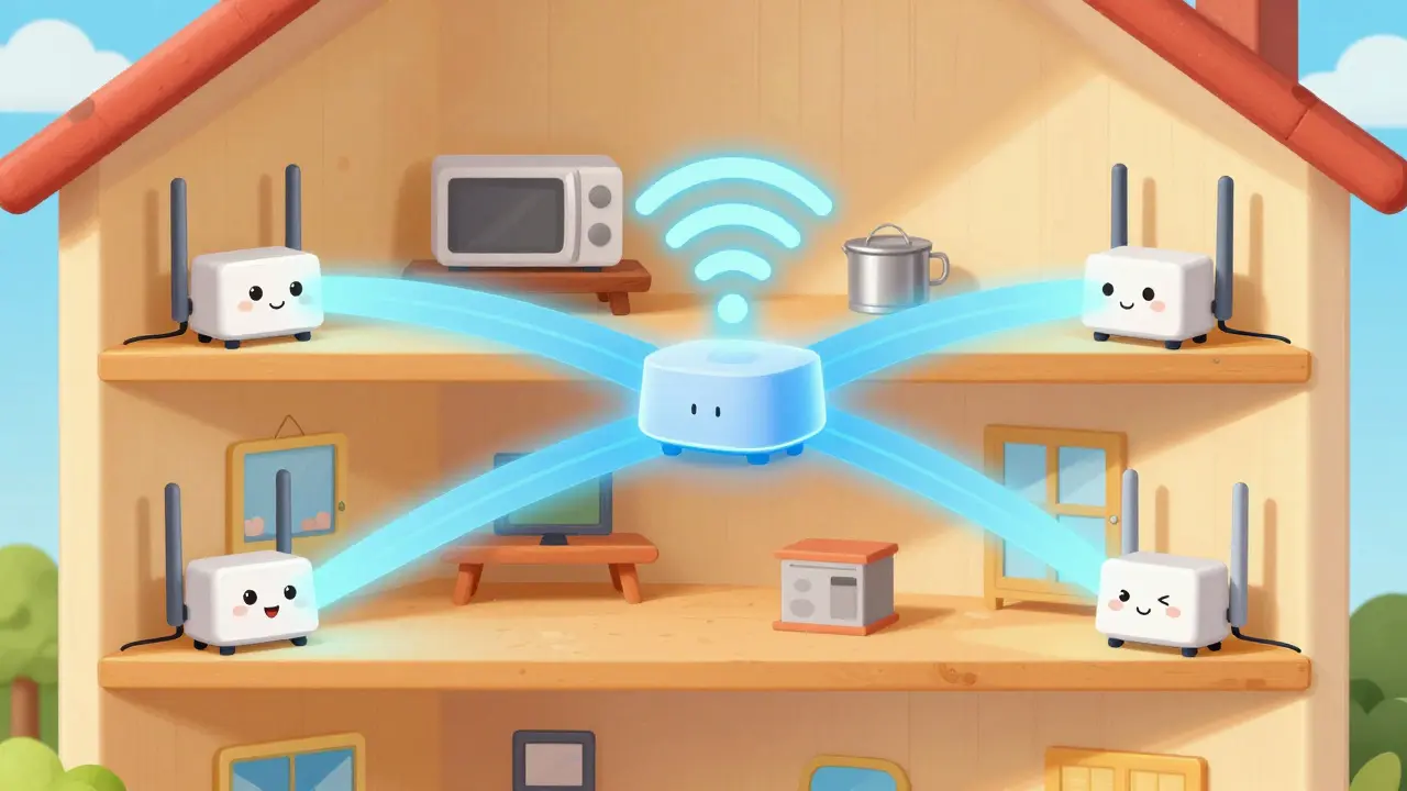 Illustration of mesh network nodes connecting smoothly through house floors