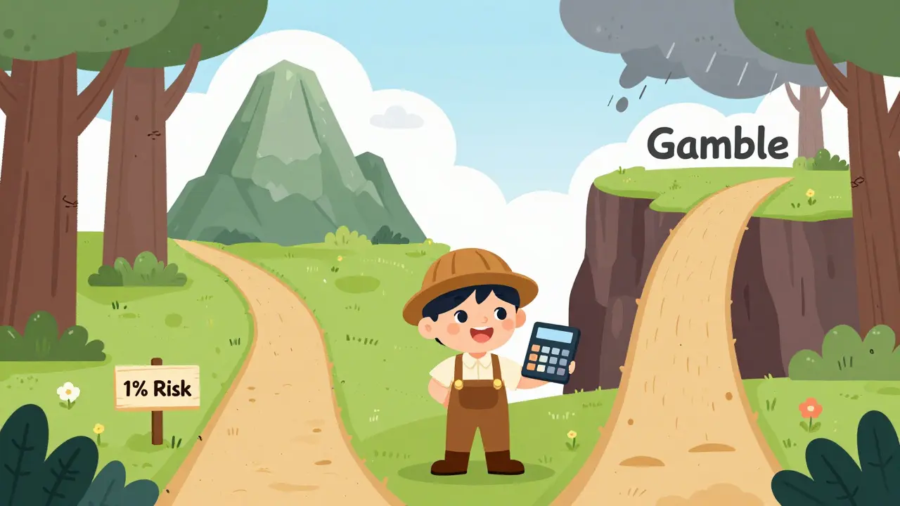 Illustration showing safe 1% risk path vs dangerous gambling path
