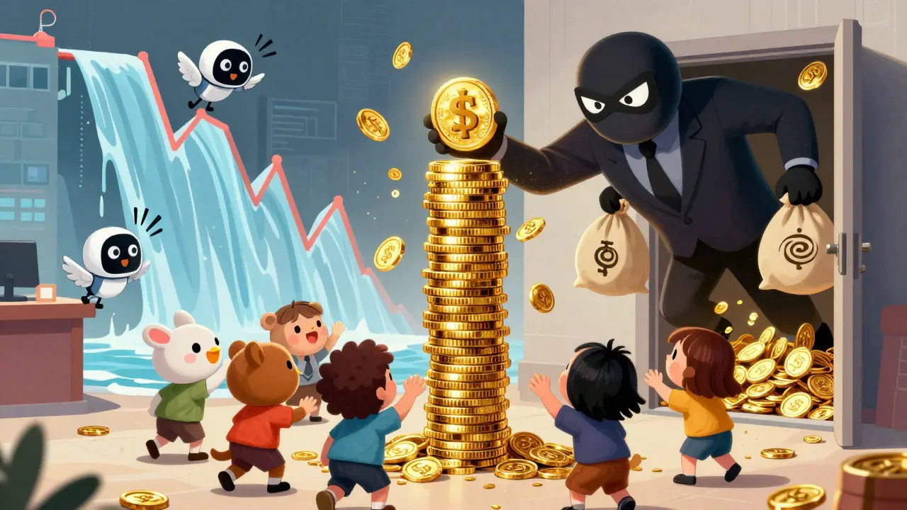 Manipulator dumping NFTs onto eager buyers while hiding illicit funds in a mixer.