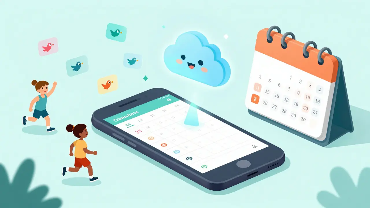 Whimsical drawing of automated SMS reminders flying from a phone to happy gym members.