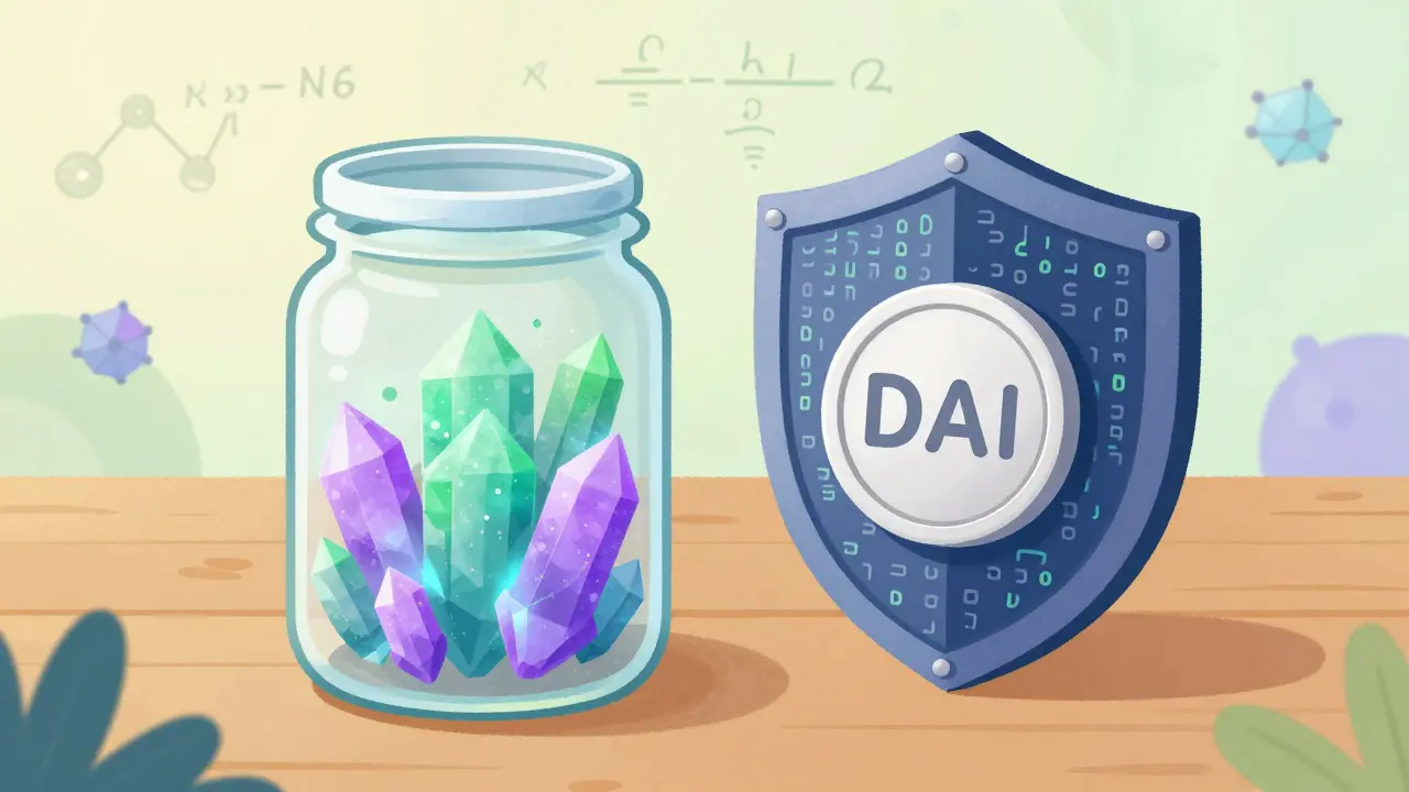 Whimsical drawing of crypto crystals in a jar backing a stable coin with a shield.