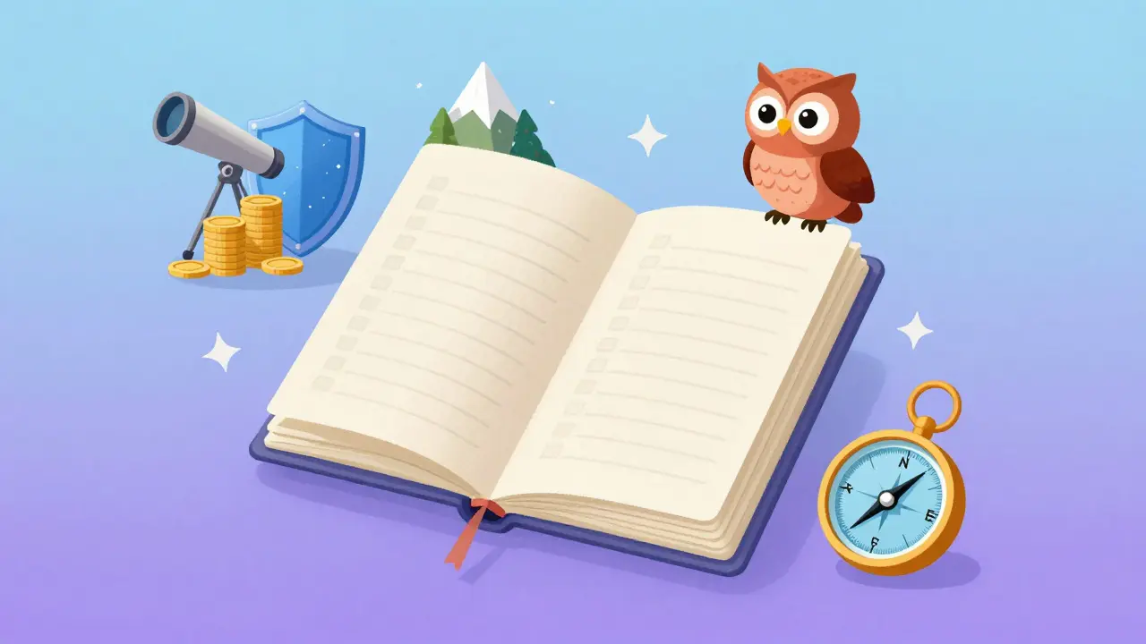 Whimsical illustration of a trading plan with risk management icons