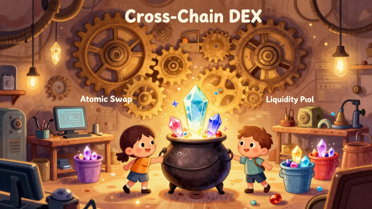 Whimsical workshop with friendly characters managing liquidity pools