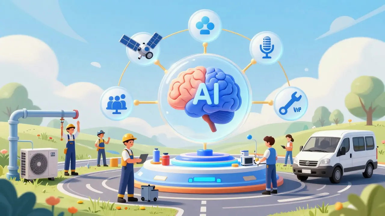 AI hub connecting technicians, GPS satellites, and communication tools seamlessly