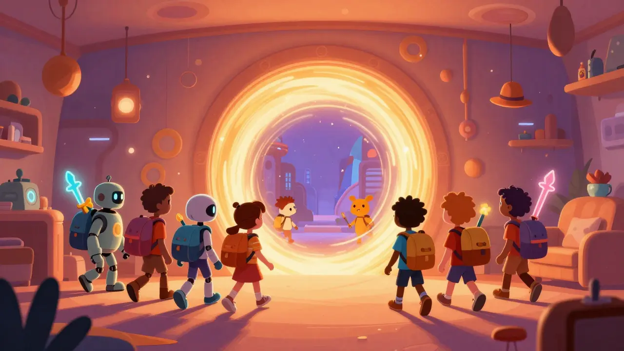 Avatars walking through a magical portal with items