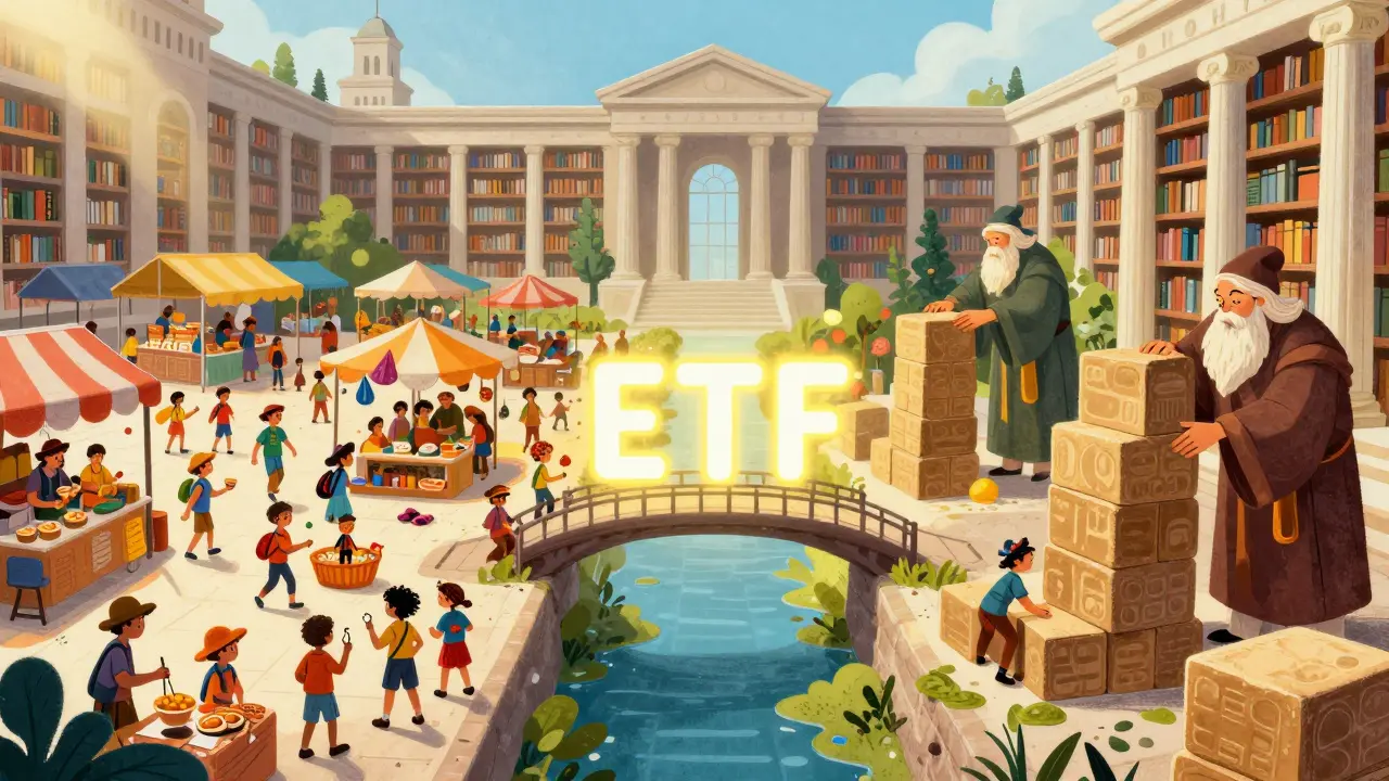 Balanced bridge connecting chaotic retail market with stable institutional foundation via ETFs.
