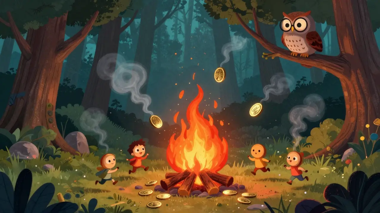 Cartoon coins burning in a fire to illustrate deflation