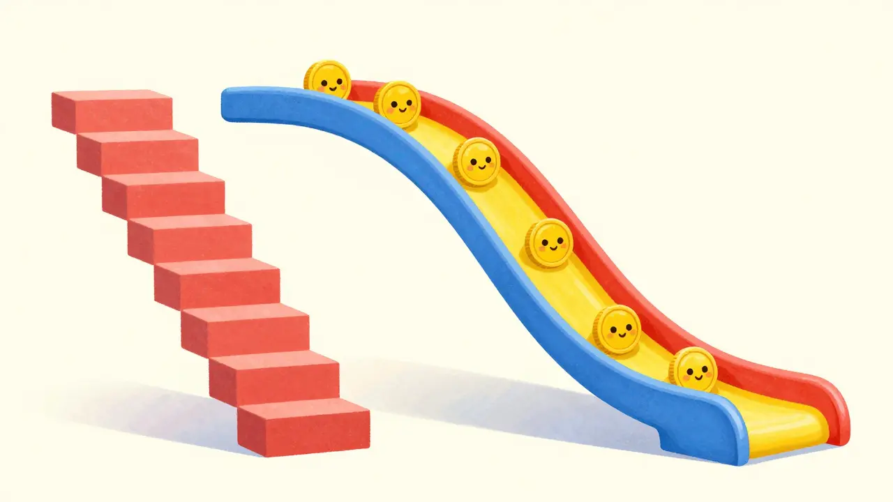 Cartoon comparison of linear stairs vs exponential slide for token supply