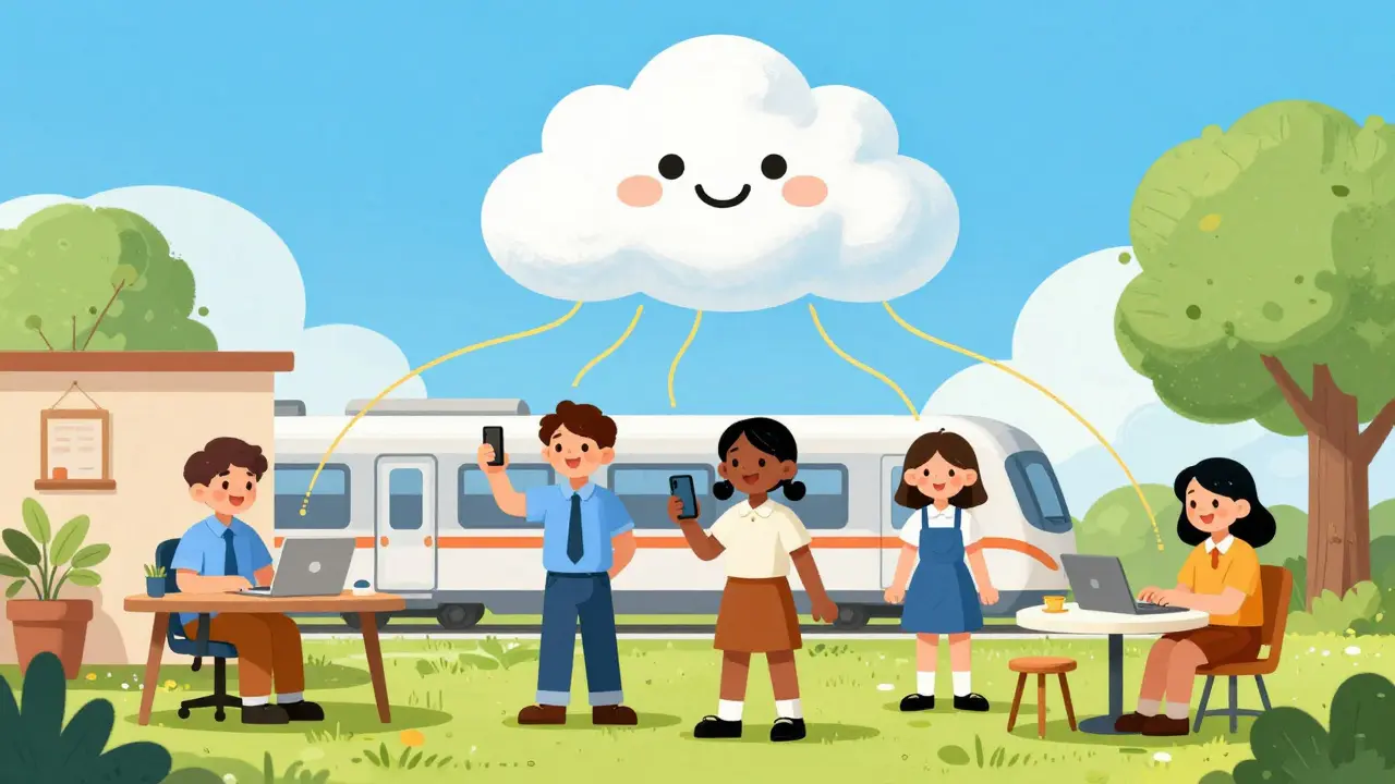 Cartoon employees using phones remotely connected to a central cloud