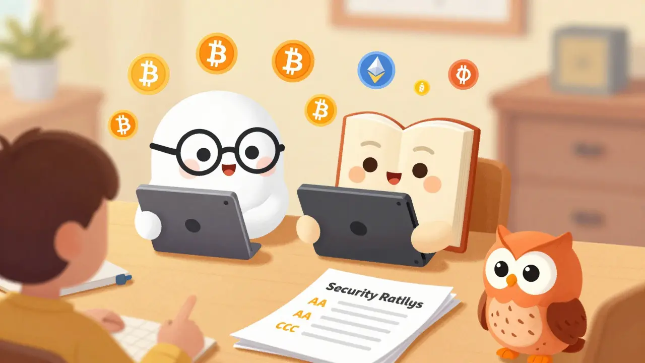 Cartoon hardware wallets comparing features and security ratings