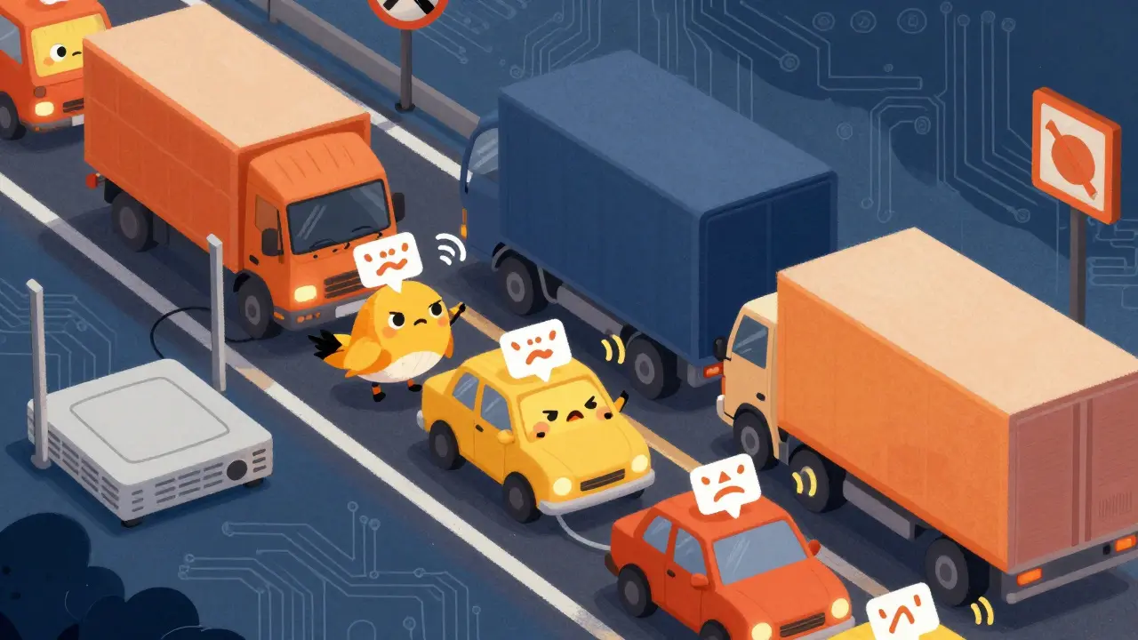 Cartoon of voice data packets stuck in network traffic congestion.