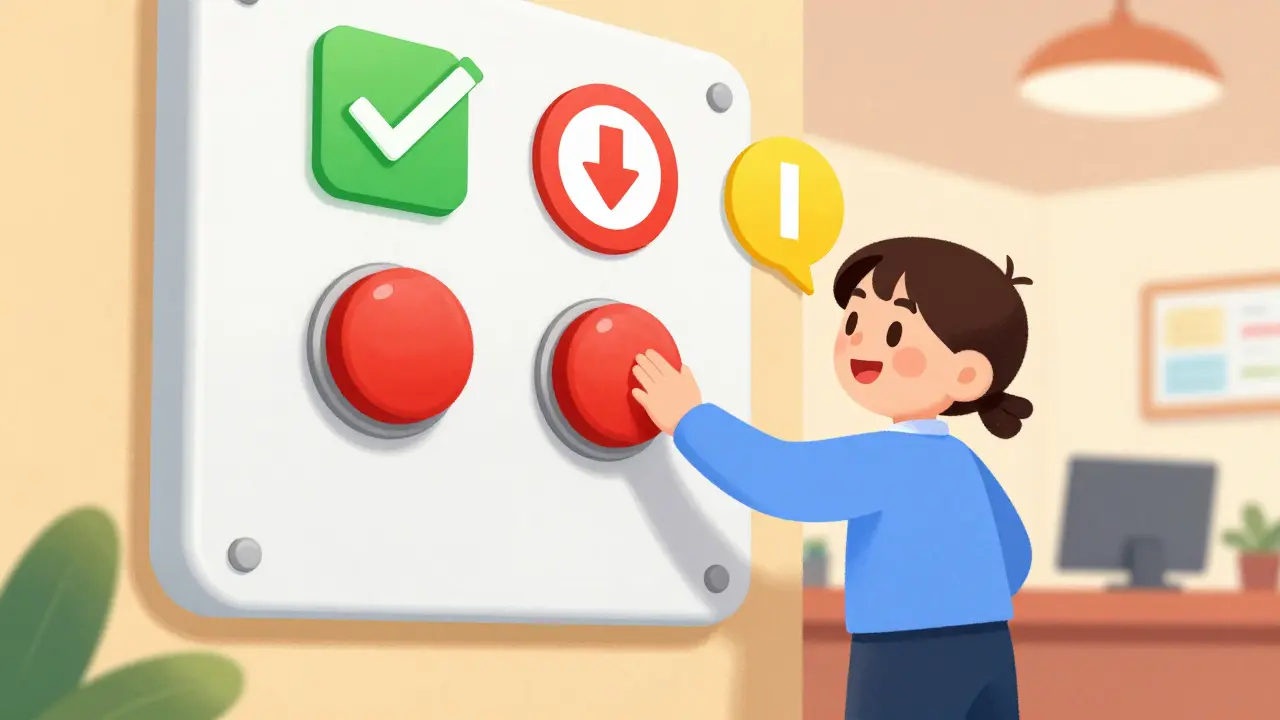 Cartoon receptionist pressing buttons on a VoIP expansion module panel