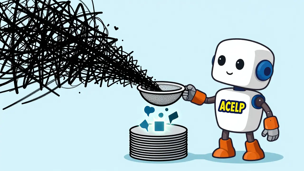Cartoon robot filtering raw audio data into organized compressed packets.