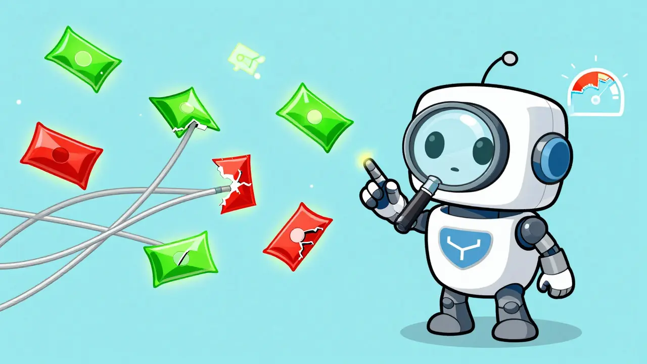 Cartoon robot inspecting data packets for network quality issues.