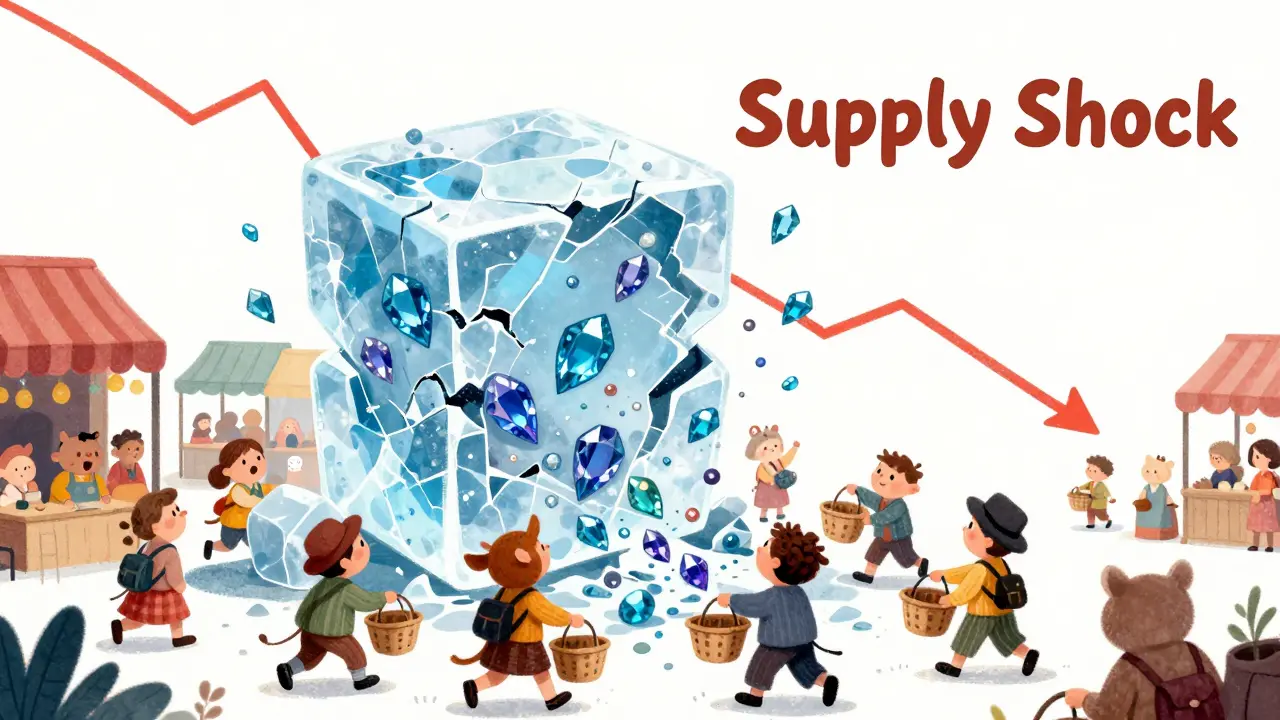 Cartoon showing ice melting to release gems, symbolizing crypto token vesting unlocks.