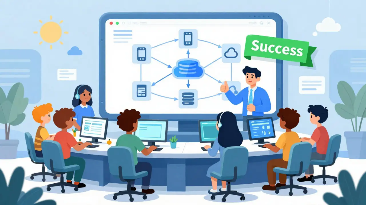 Cheerful developers monitoring successful webhook integrations
