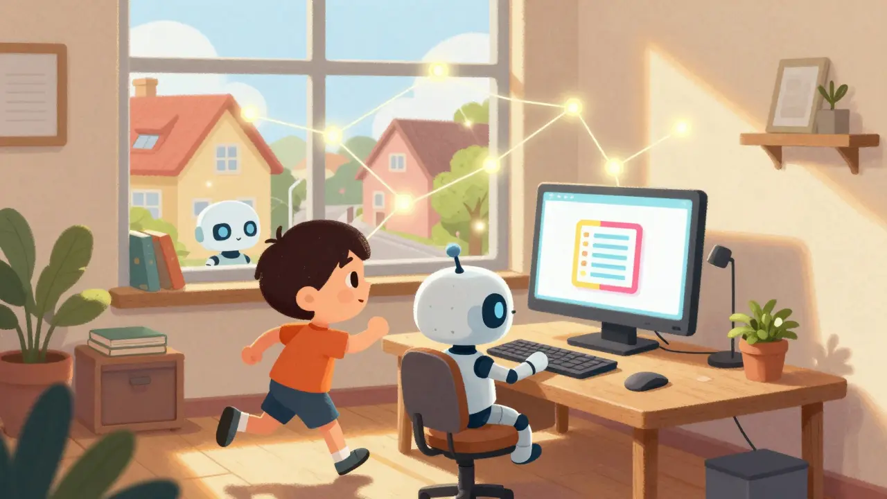 Child running a blockchain node at home with glowing network connections outside