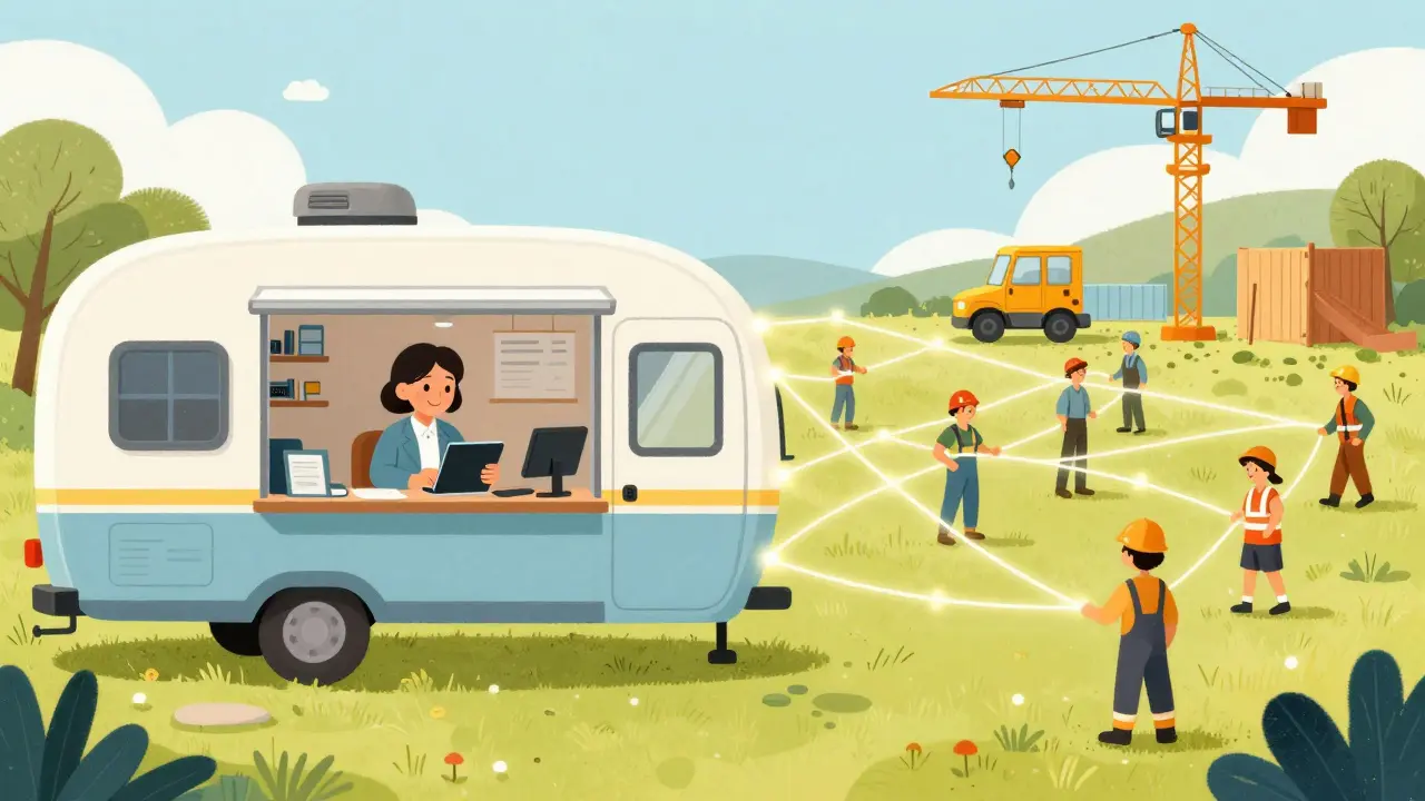 Construction team connected by digital communication webs