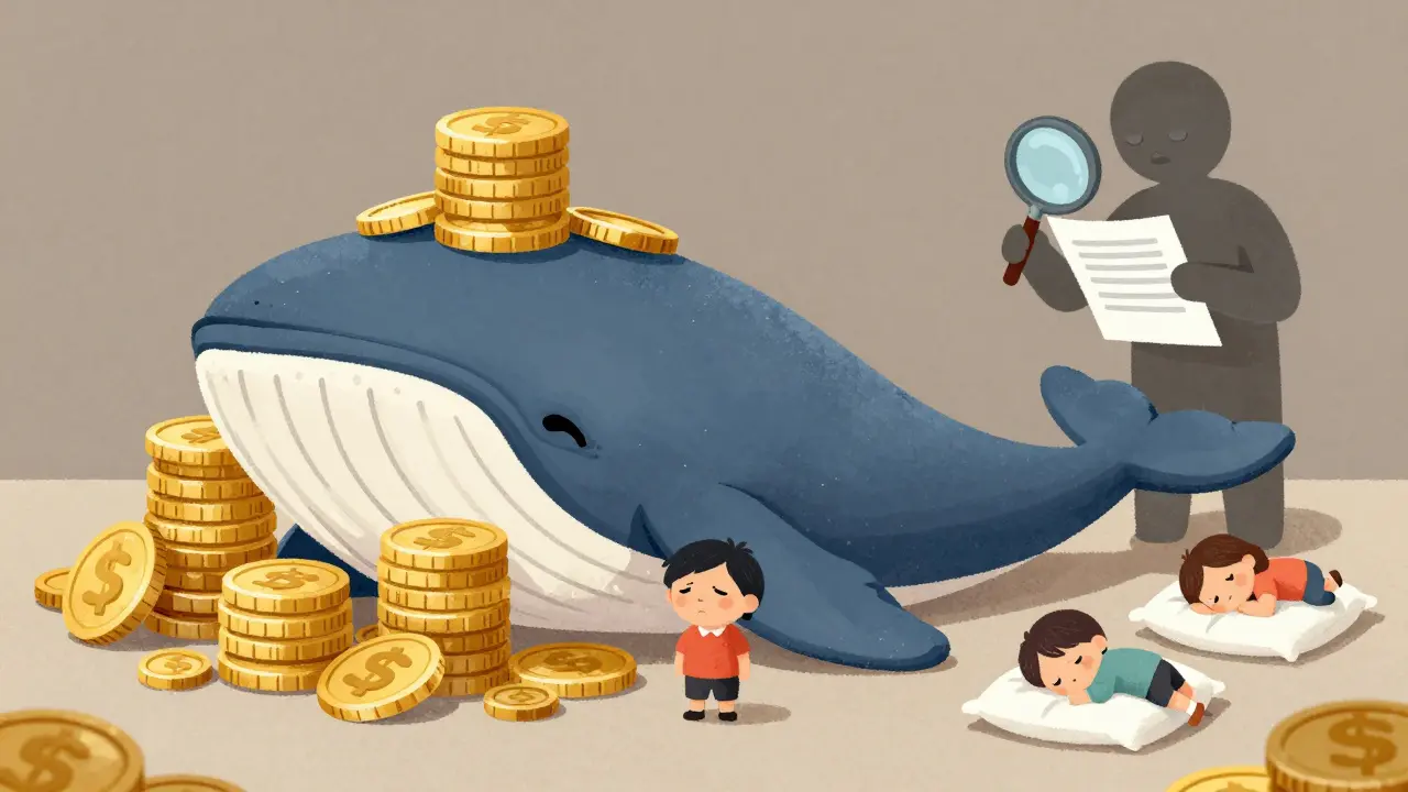 Cute illustration showing a small person near a giant coin whale.