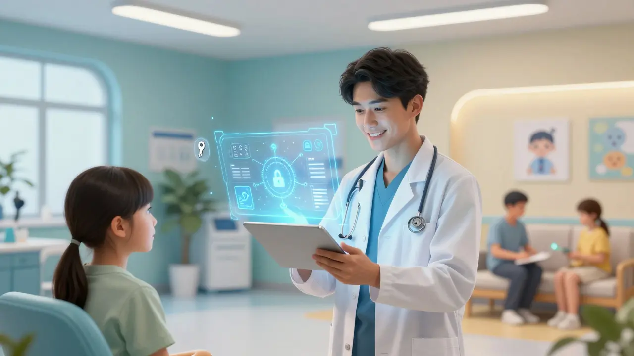 Doctor using secure tablet for telehealth consultation