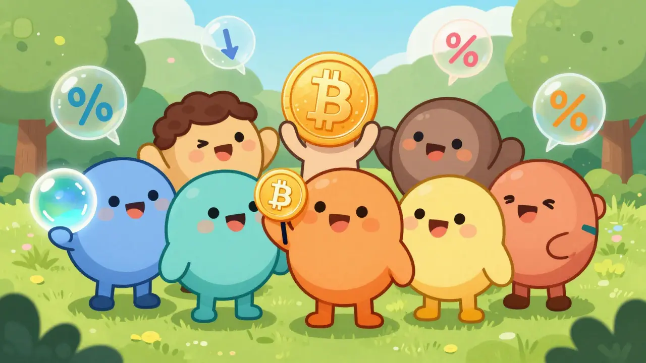 Friendly cartoon characters holding coins representing different crypto models