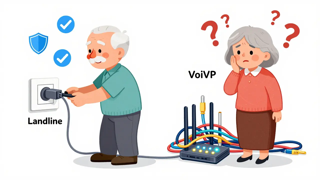 Illustration comparing easy landline setup vs complex VoIP installation