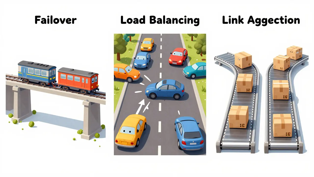 Illustration comparing failover, load balancing, and aggregation