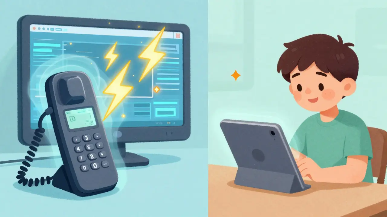 Illustration comparing reliable hardware phones vs crashing computers