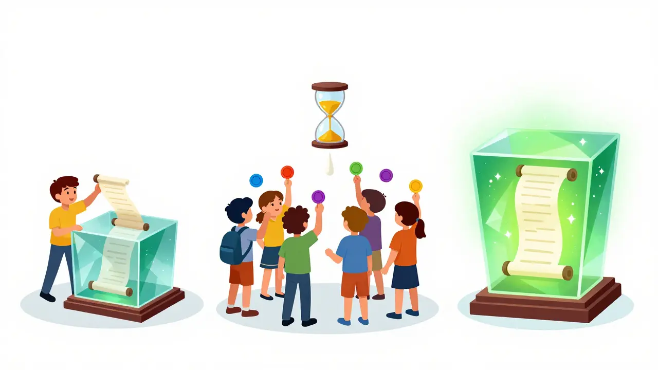 Illustration of a three-step DAO voting process with scrolls and tokens.