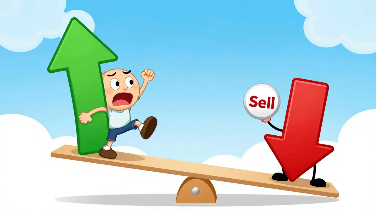 Illustration of a trader experiencing FOMO and panic on a market seesaw