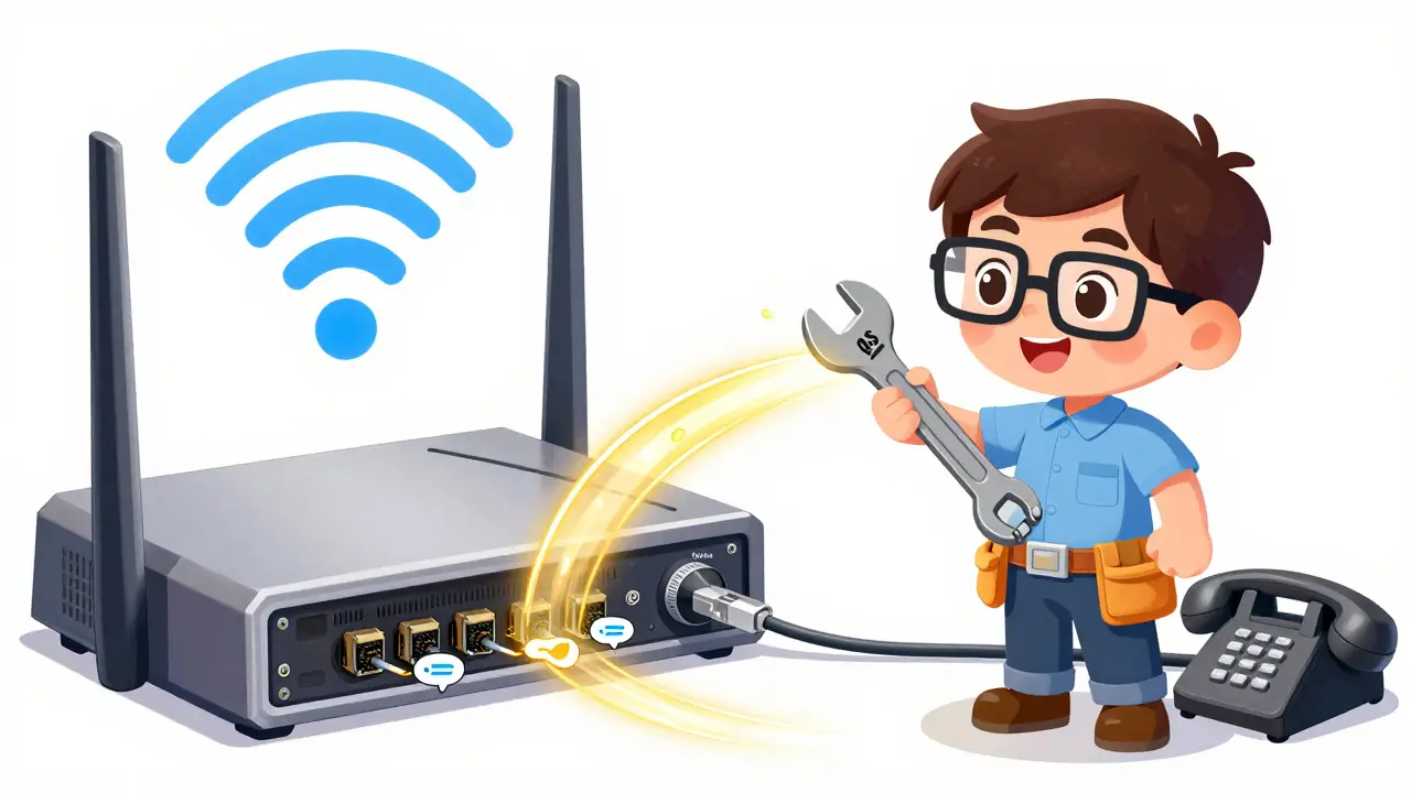 Illustration of an IT expert fixing network settings for stable calls.
